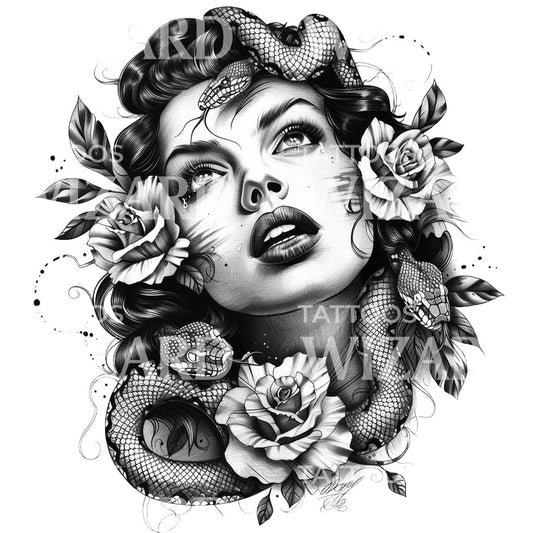 Woman and Snake Portrait Tattoo Design