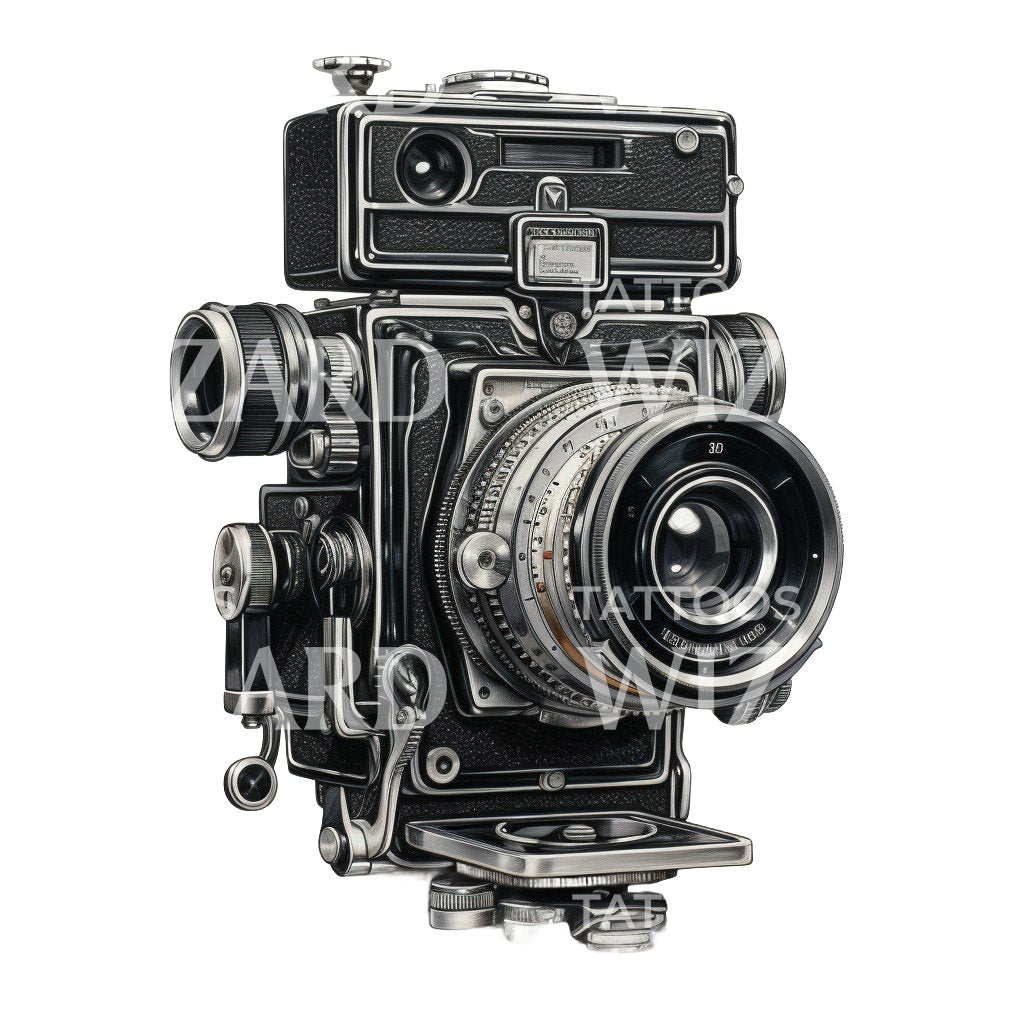 Vintage Camera Black and Grey Tattoo Design