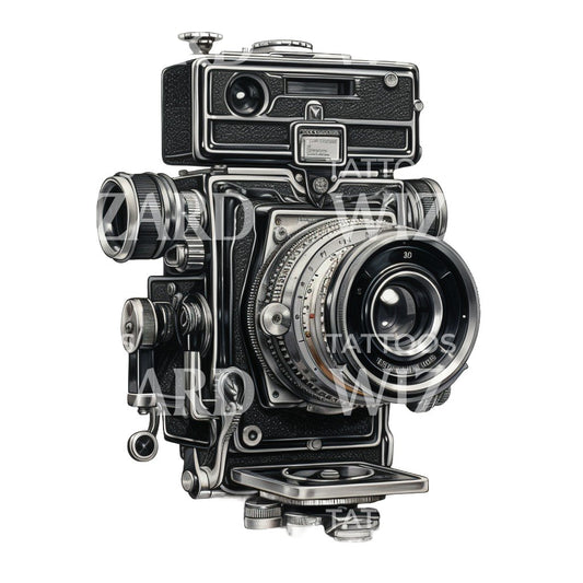 Vintage Camera Black and Grey Tattoo Design