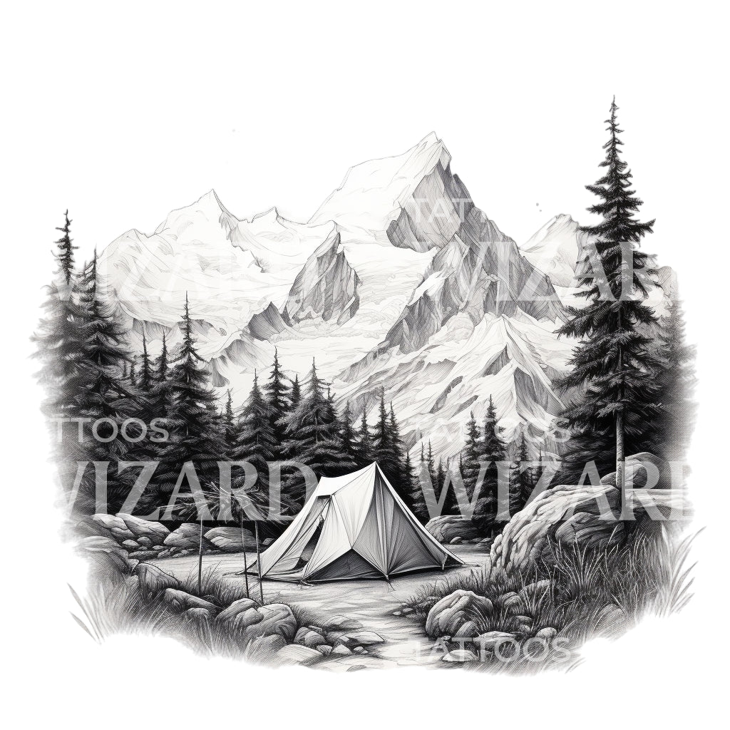 Dotwork Tent Mountain Landscape Tattoo Design