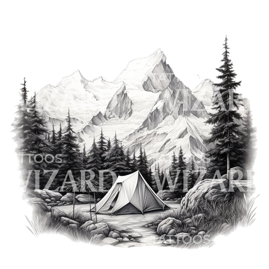 Dotwork Tent Mountain Landscape Tattoo Design