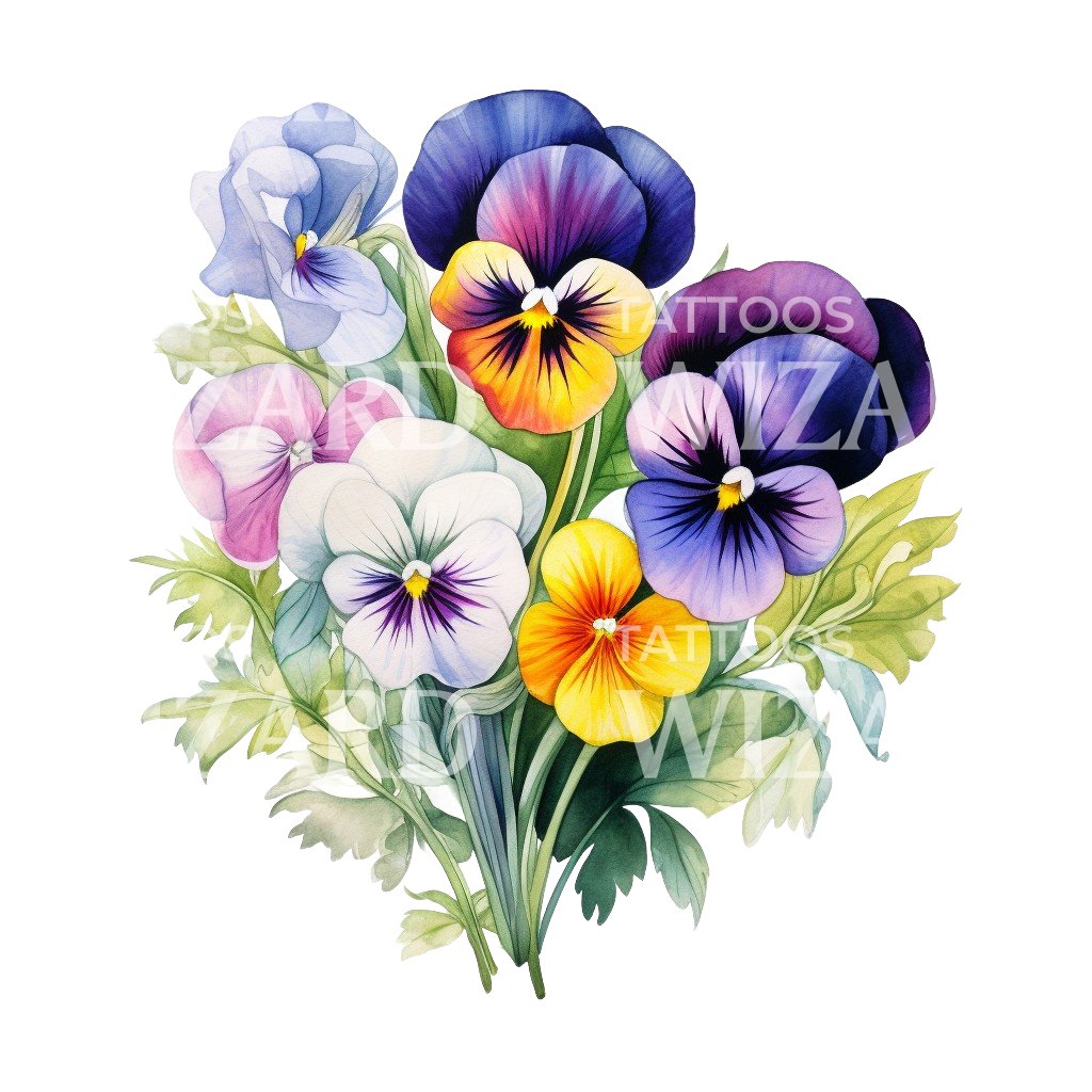 Watercolor Pansies Bouquet Tattoo Design