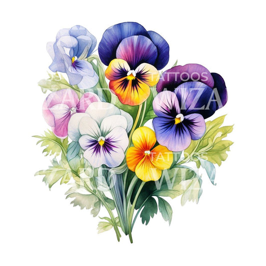Watercolor Pansies Bouquet Tattoo Design