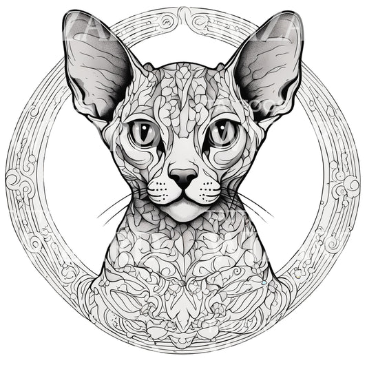 Devon Rex Cat with Patterns Circle Tattoo Design