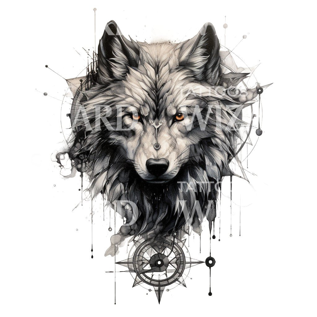 Wild Wolf and Compass Tattoo Design