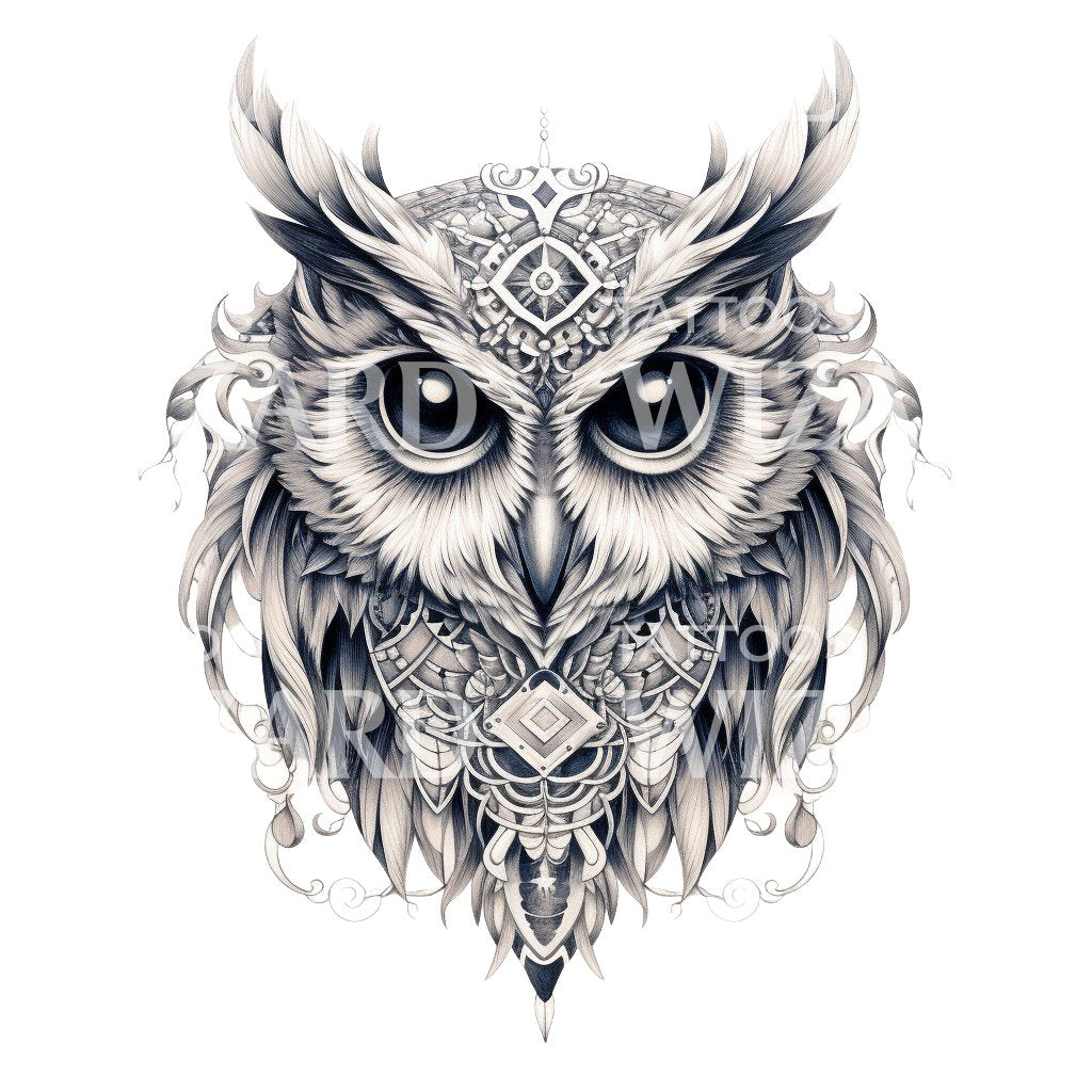 Black and Grey Owl Tattoo Design