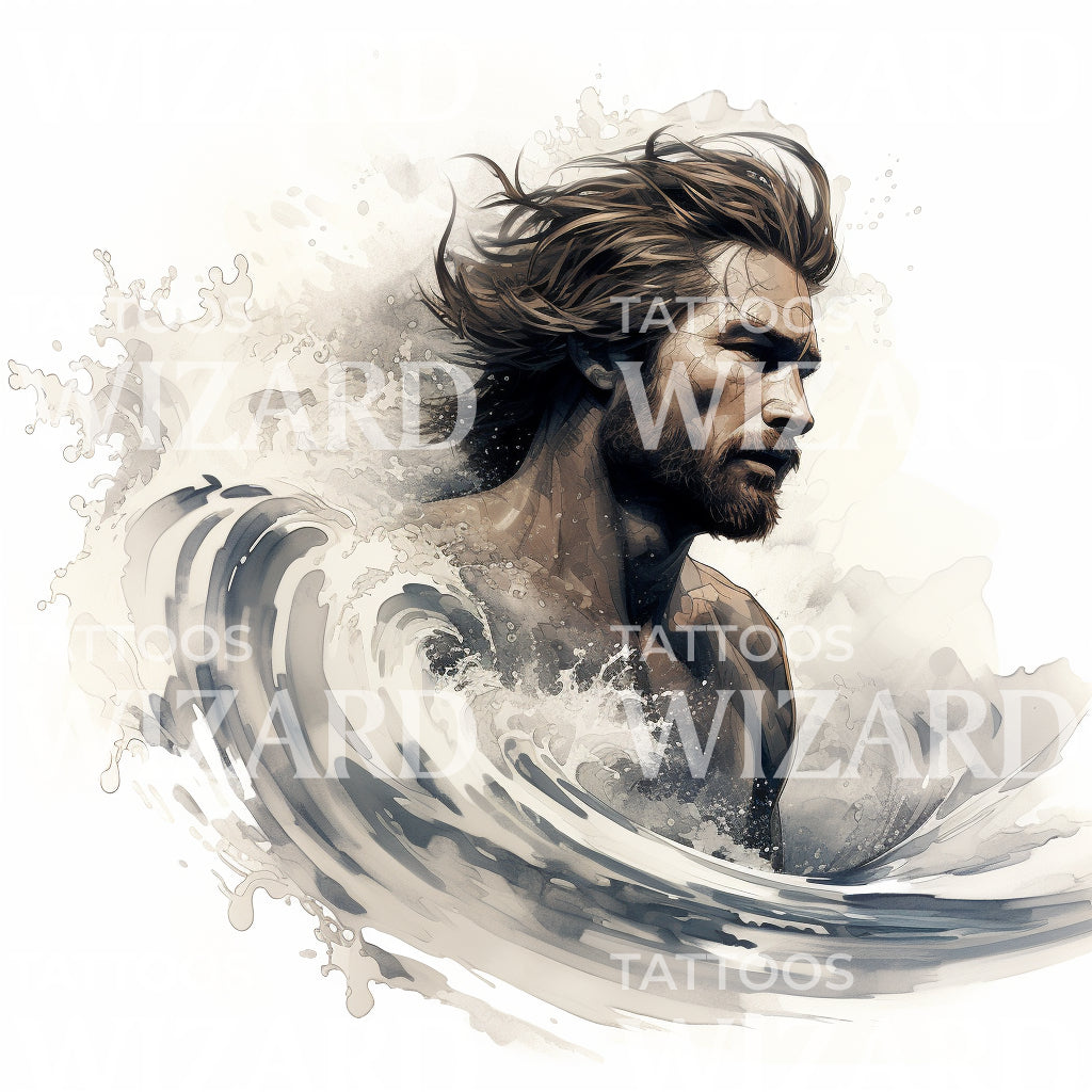 Surfer Portrait in Wave Tattoo Design