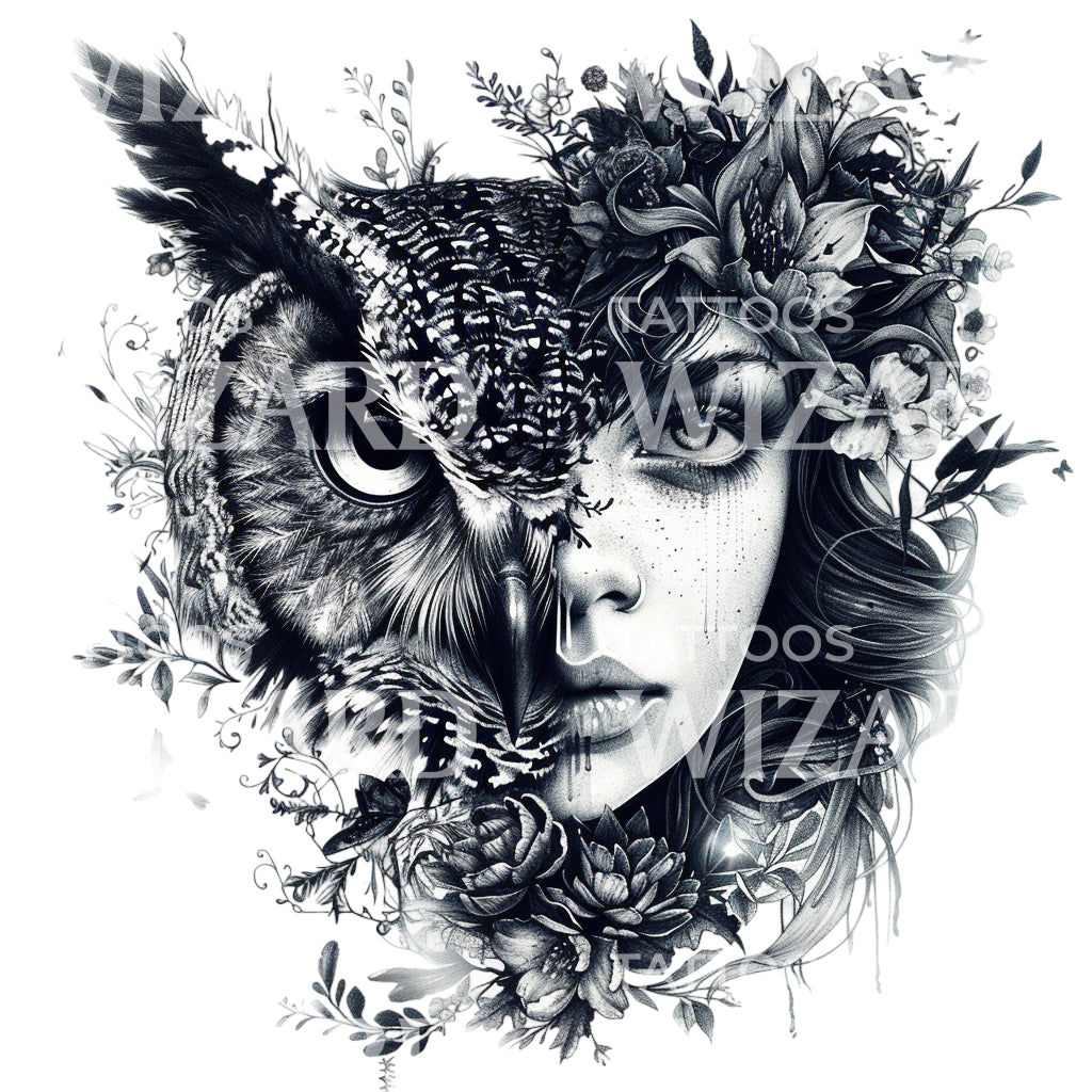 Wise Owl Woman Portrait Tattoo Design