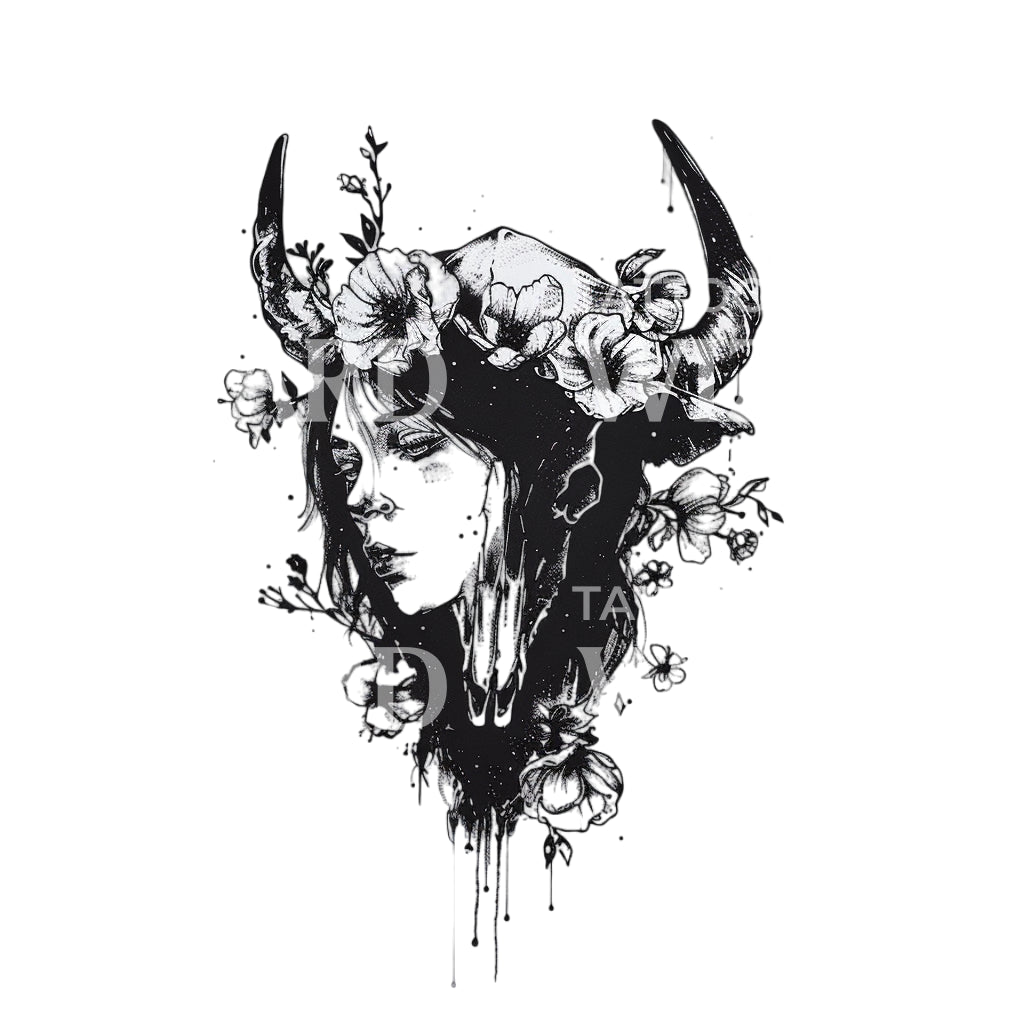 Dark Portrait with Buffalo Head Tattoo Design