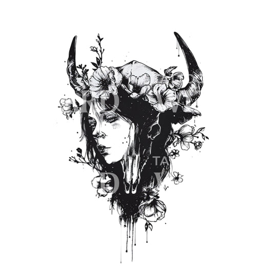 Dark Portrait with Buffalo Head Tattoo Design