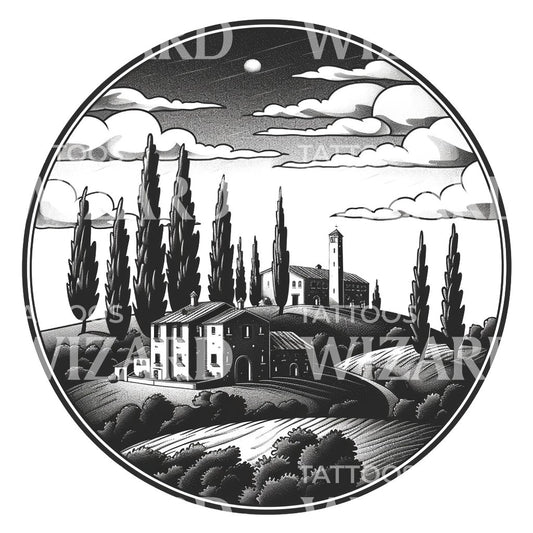 Black and Grey Tuscany Landscape Tattoo Design