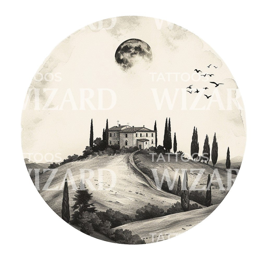 Dotwork Tuscany Landscape Tattoo Design
