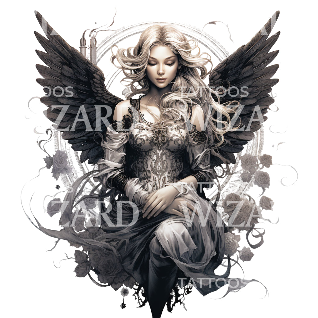 Dark Woman Angel Sitting Tattoo Design