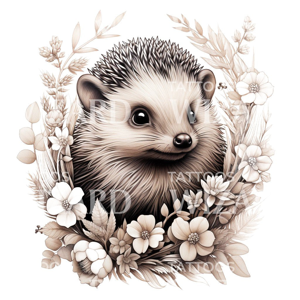 Cute Hedgehog with Wild Flowers Tattoo Design