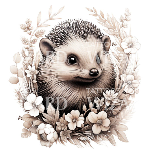 Cute Hedgehog with Wild Flowers Tattoo Design
