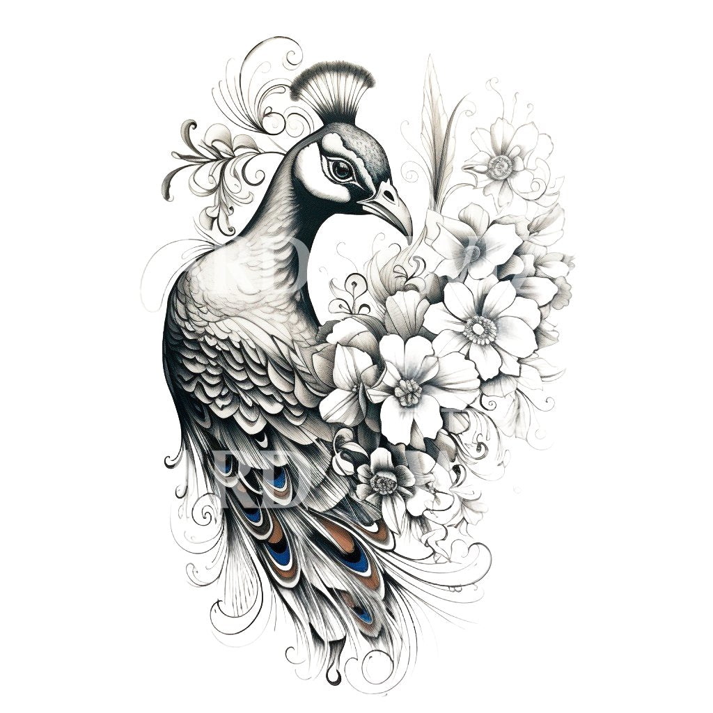 Black and Grey Peacock Tattoo Design