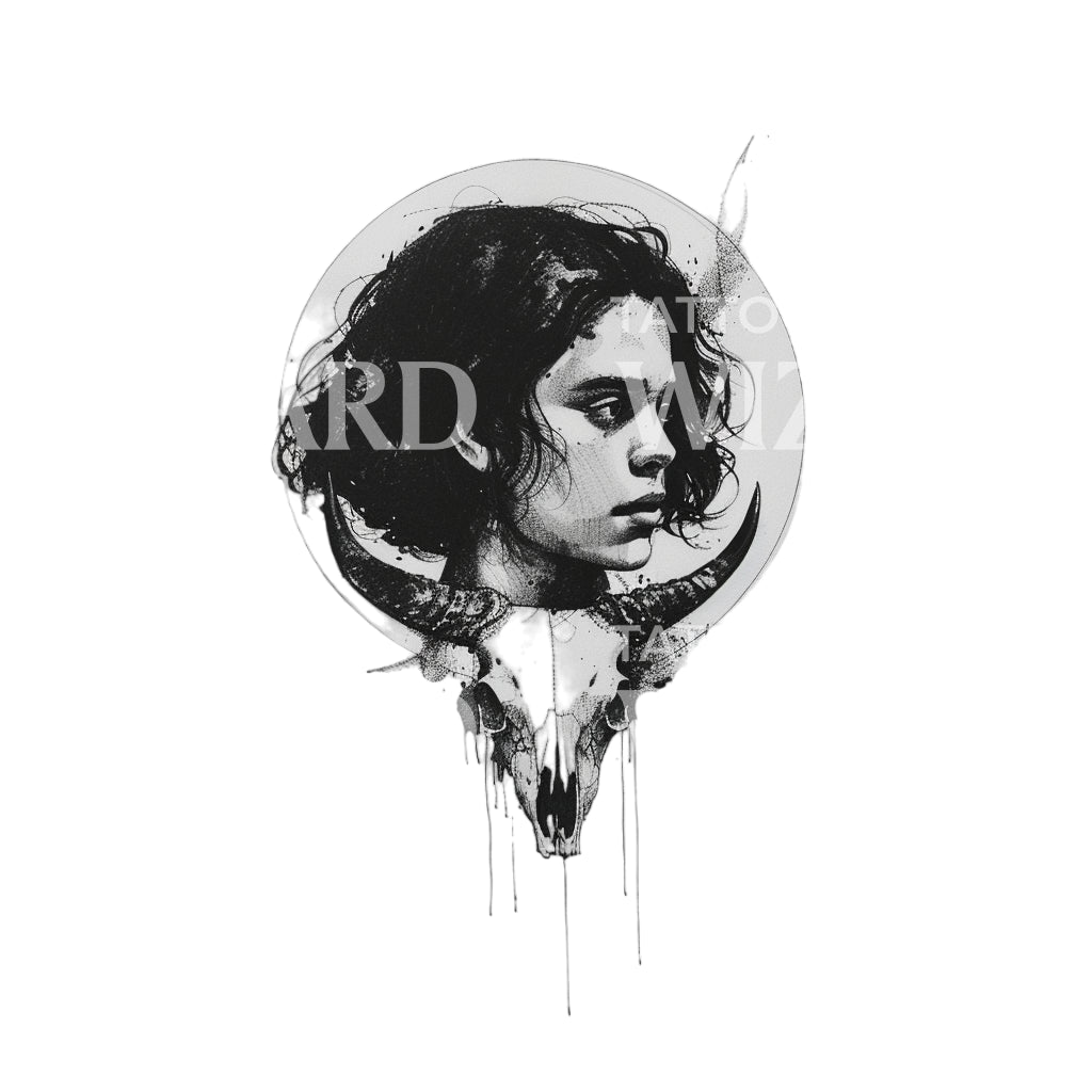 Strong Woman and Longhorn Skull Tattoo Design