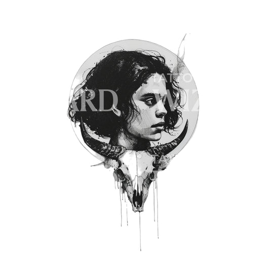 Strong Woman and Longhorn Skull Tattoo Design