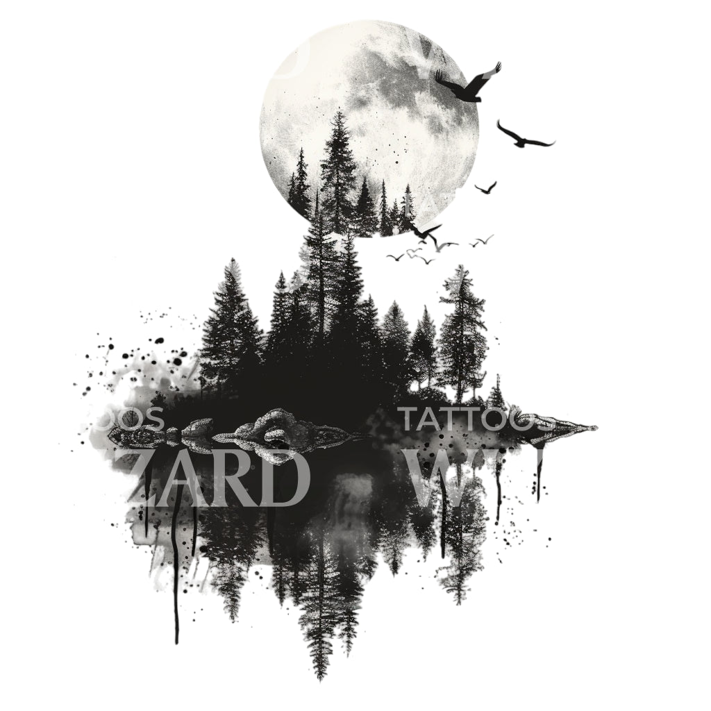 Ink Pine Forest Landscape Tattoo Design