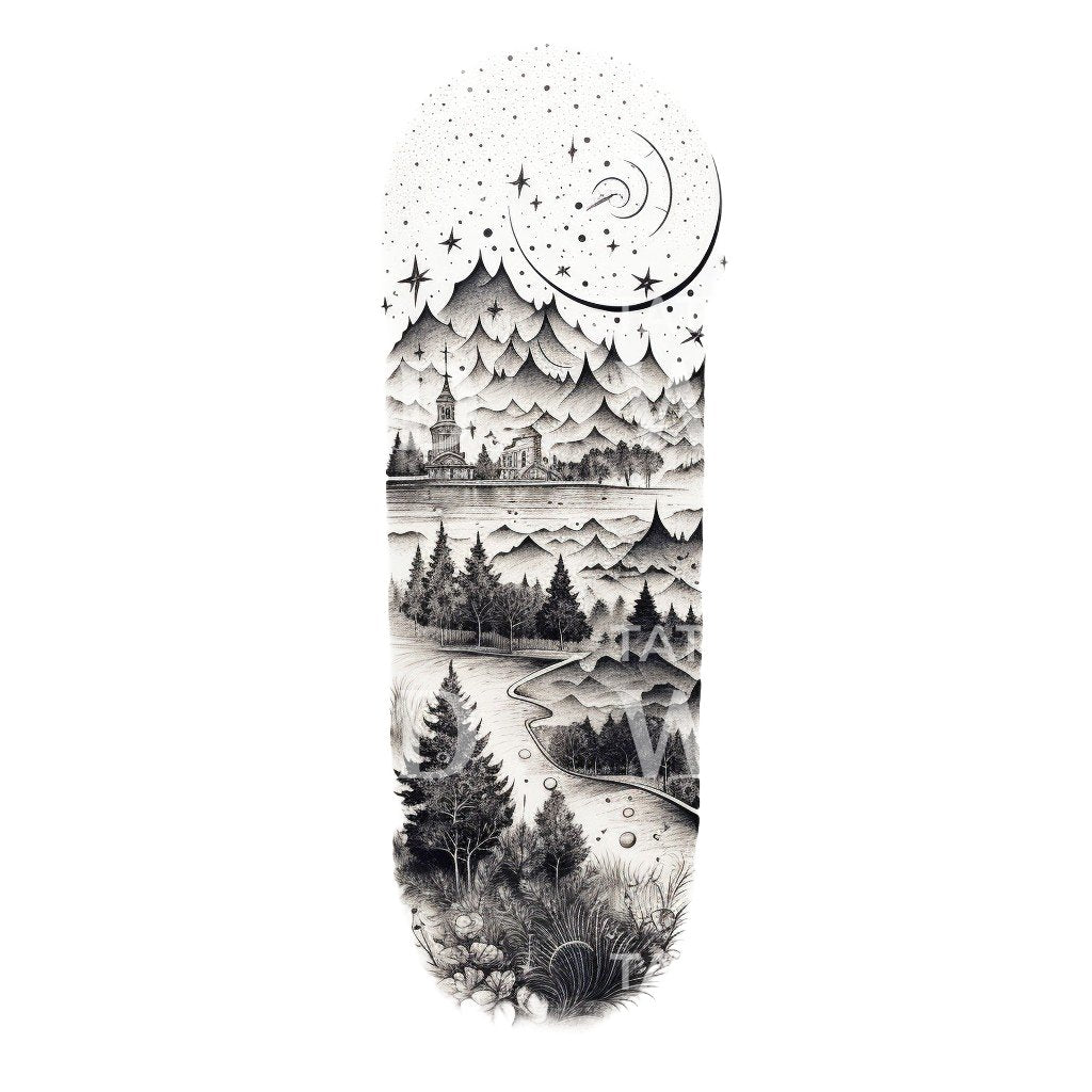 Dotwork Starry Night Landscape Tattoo Design