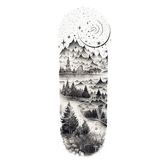 Dotwork Starry Night Landscape Tattoo Design