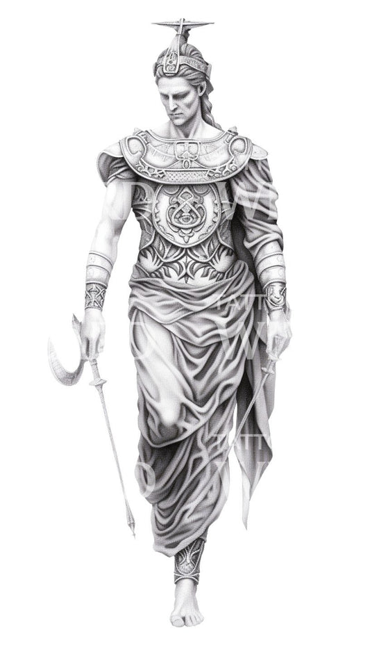 Black and Grey Greek God Tattoo Design