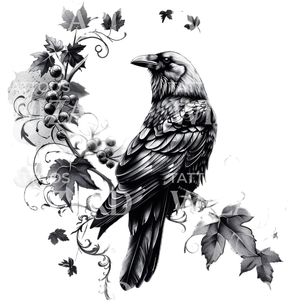 Raven On Ivy Branch Tattoo Design