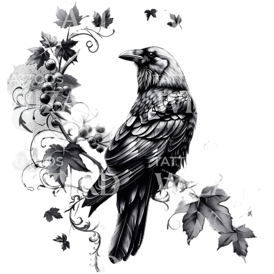 Raven On Ivy Branch Tattoo Design