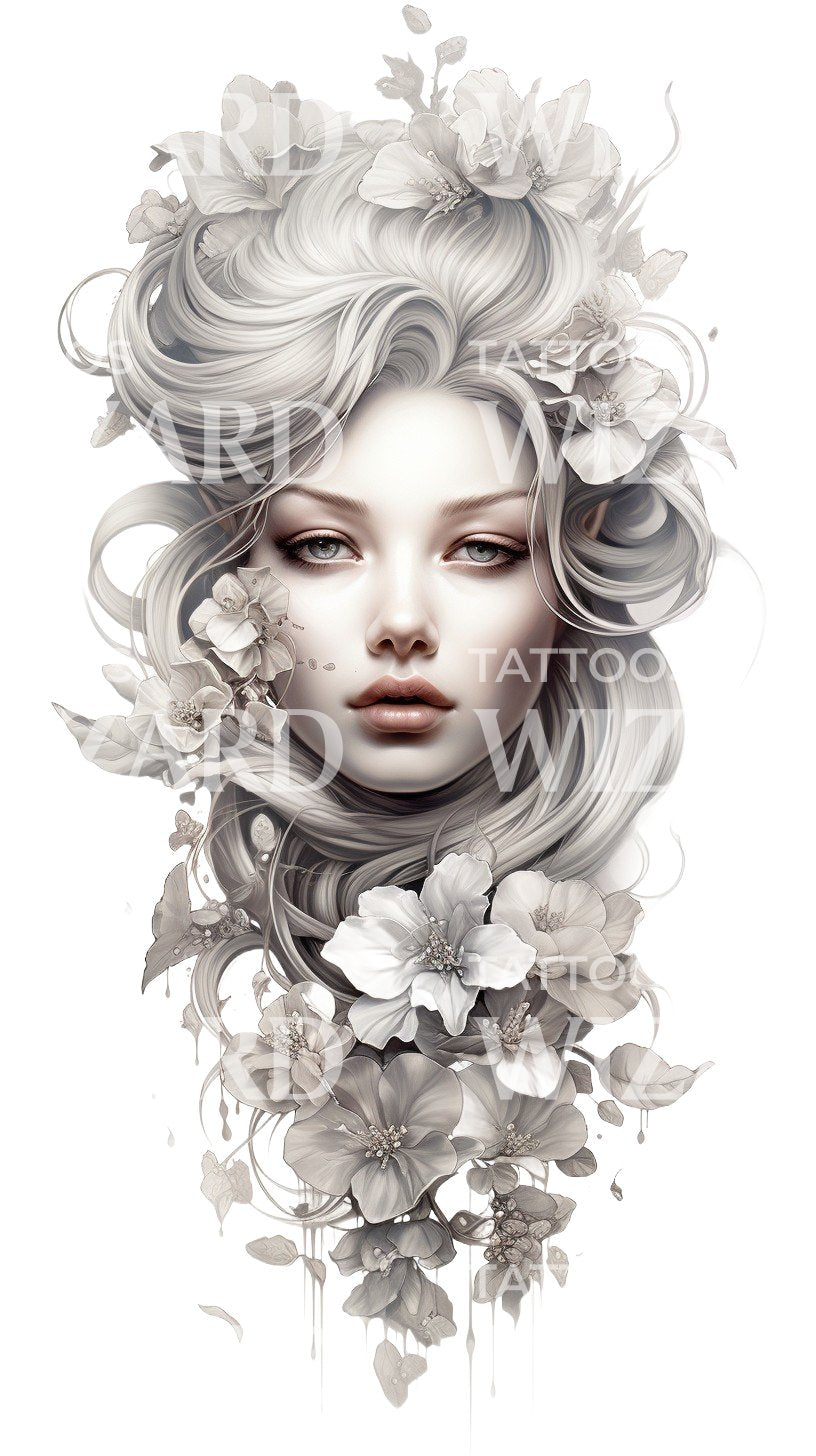 Delicate Woman Portrait Half Sleeve Tattoo Design