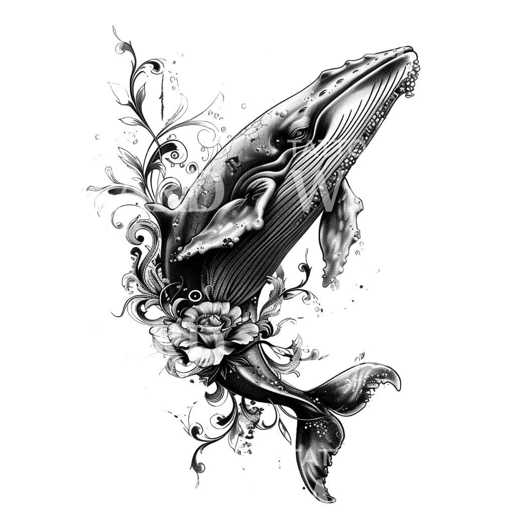 Majestic Whale and Flowers Tattoo Design