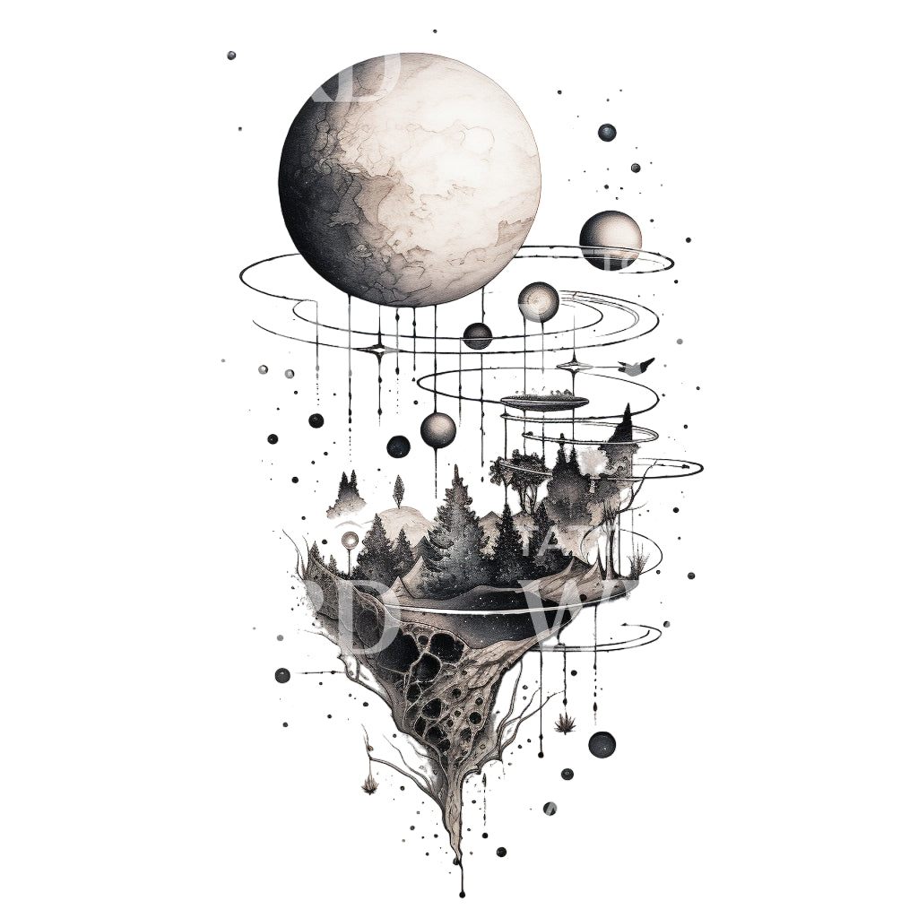 Planet and Landscape Dotwork Tattoo Design