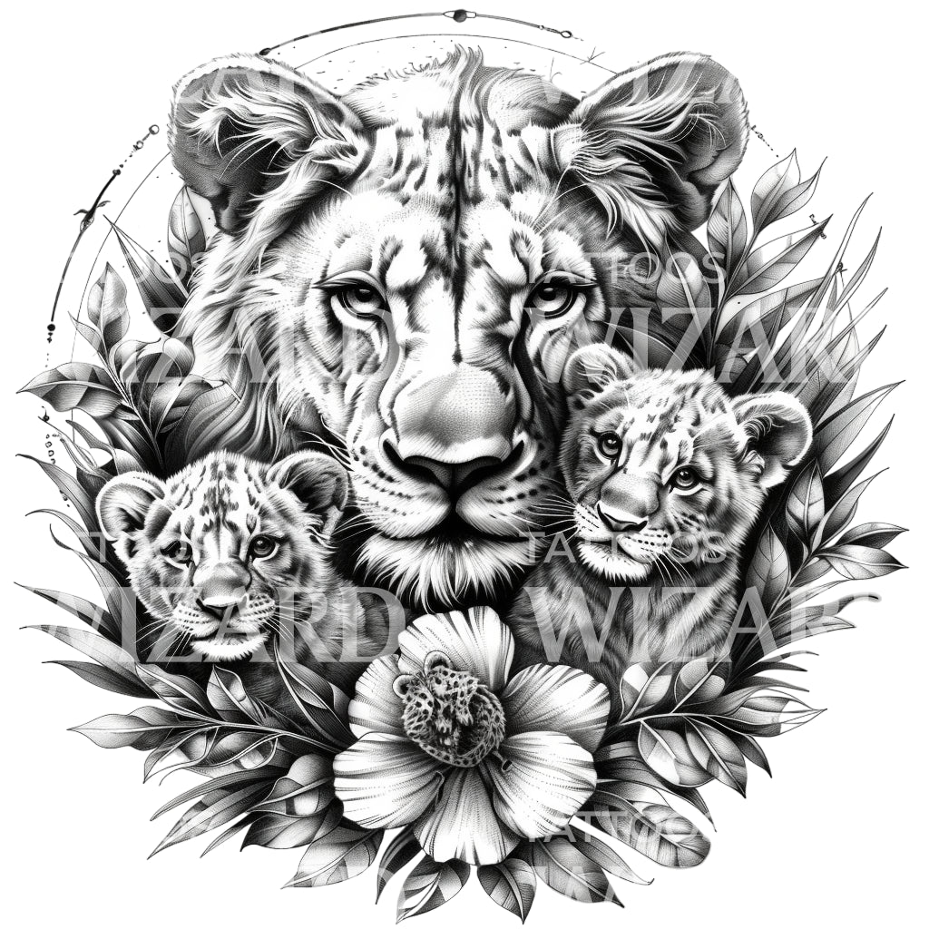 Lioness and Cubs Black and Grey Roses Tattoo Design