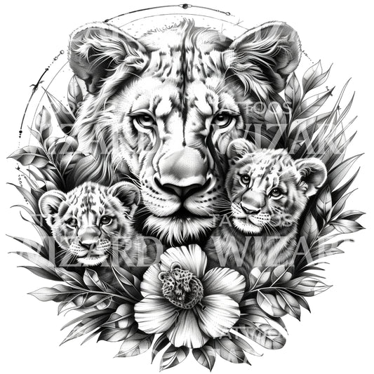 Lioness and Cubs Black and Grey Roses Tattoo Design