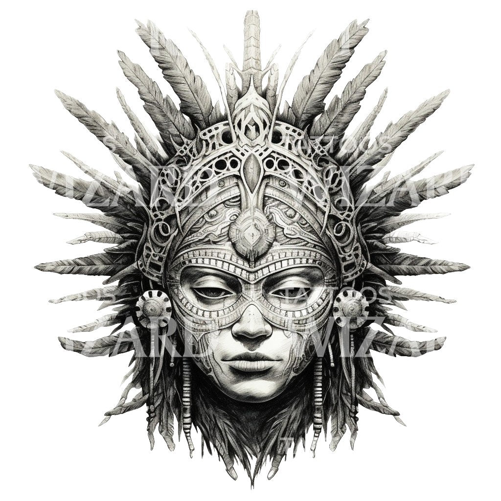 Aztec Shaman Woman in Ritual Cerimony Tattoo Design