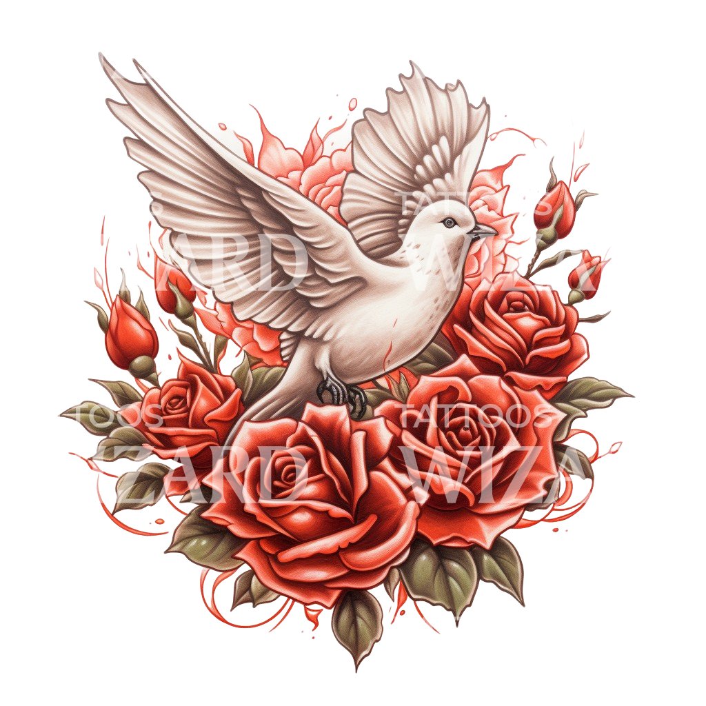 Neo Traditional Dove with Roses Tattoo Design