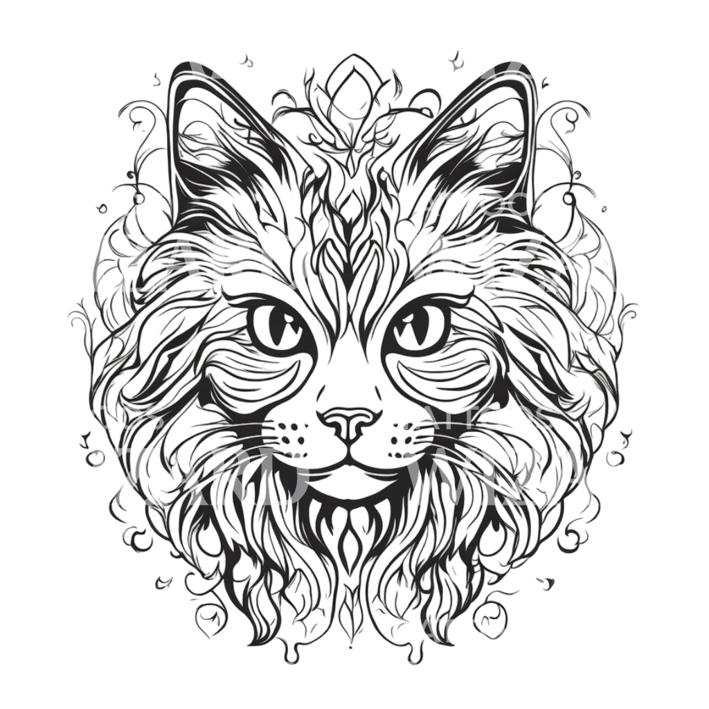 Norwegian Forest Cat Head with Patterns Tattoo Design