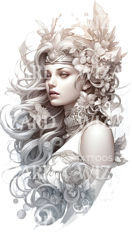 Flow Warrior Woman Antique Tattoo Design