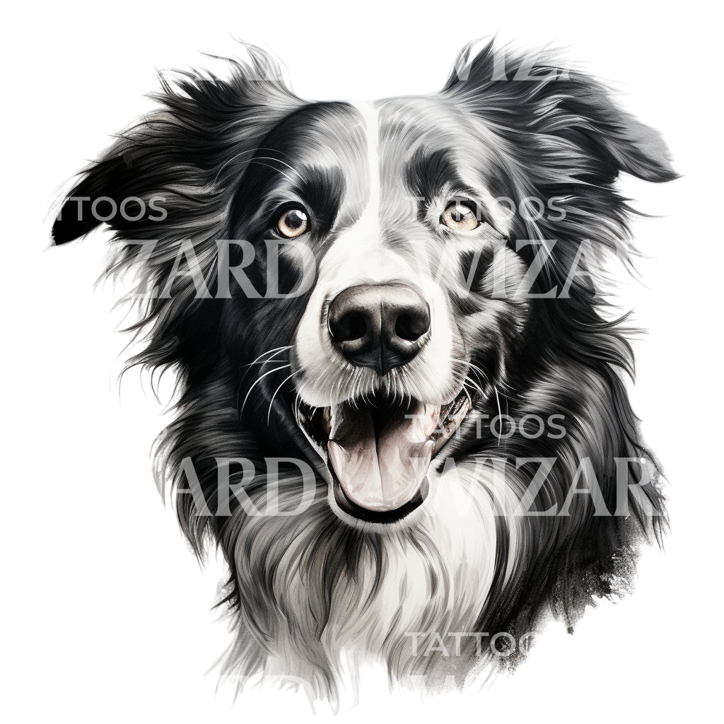 Border Collie Portrait Realism Tattoo Design