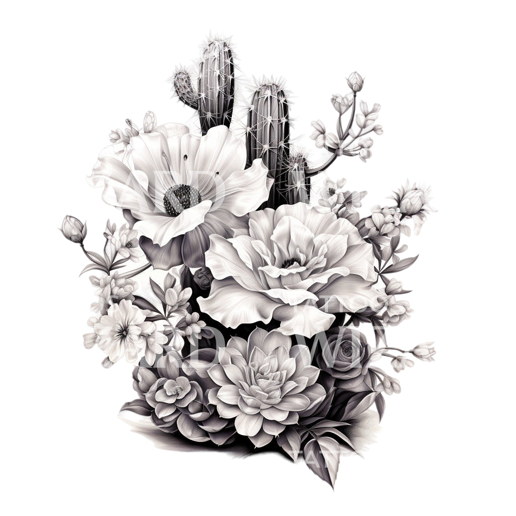 prickly pear cactus tattoo black and white Cacti and Flowers Bouquet Tattoo Design