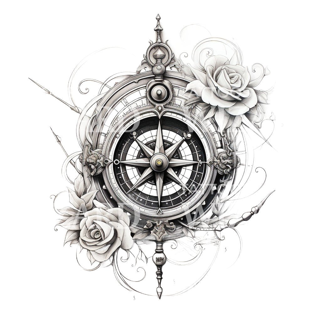 Black and Grey Compass and Roses Tattoo Design