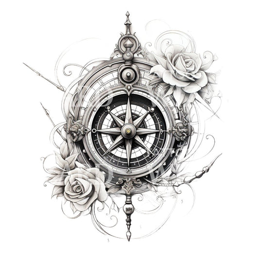 Black and Grey Compass and Roses Tattoo Design