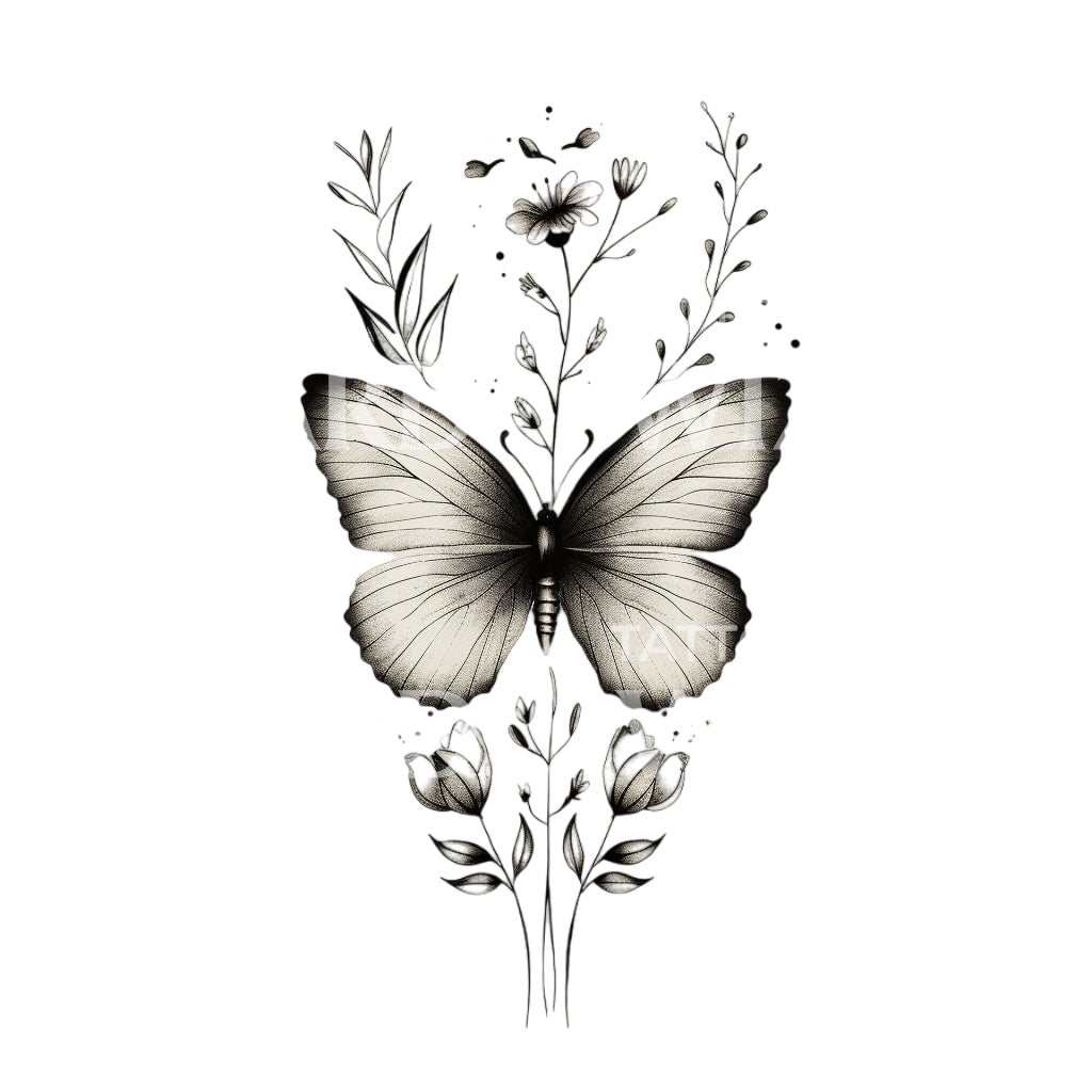 Cute Fine Line Butterfly and Flowers Tattoo Design