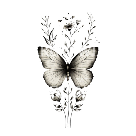 Cute Fine Line Butterfly and Flowers Tattoo Design