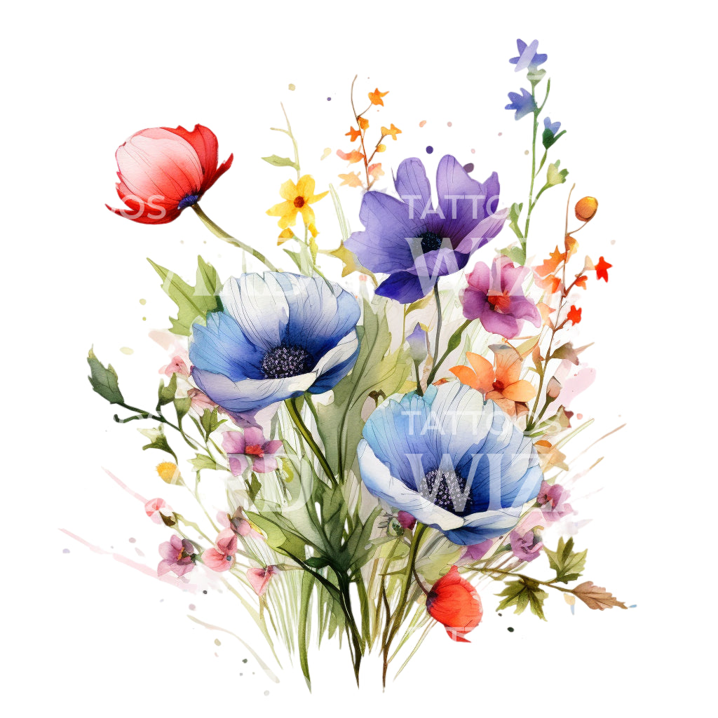 Watercolor Wildflowers Tattoo Design
