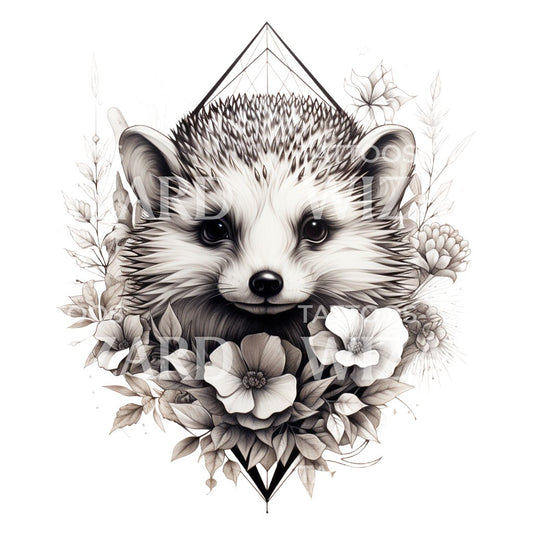 Cute Hedgehog with Wild Flowers Tattoo Design