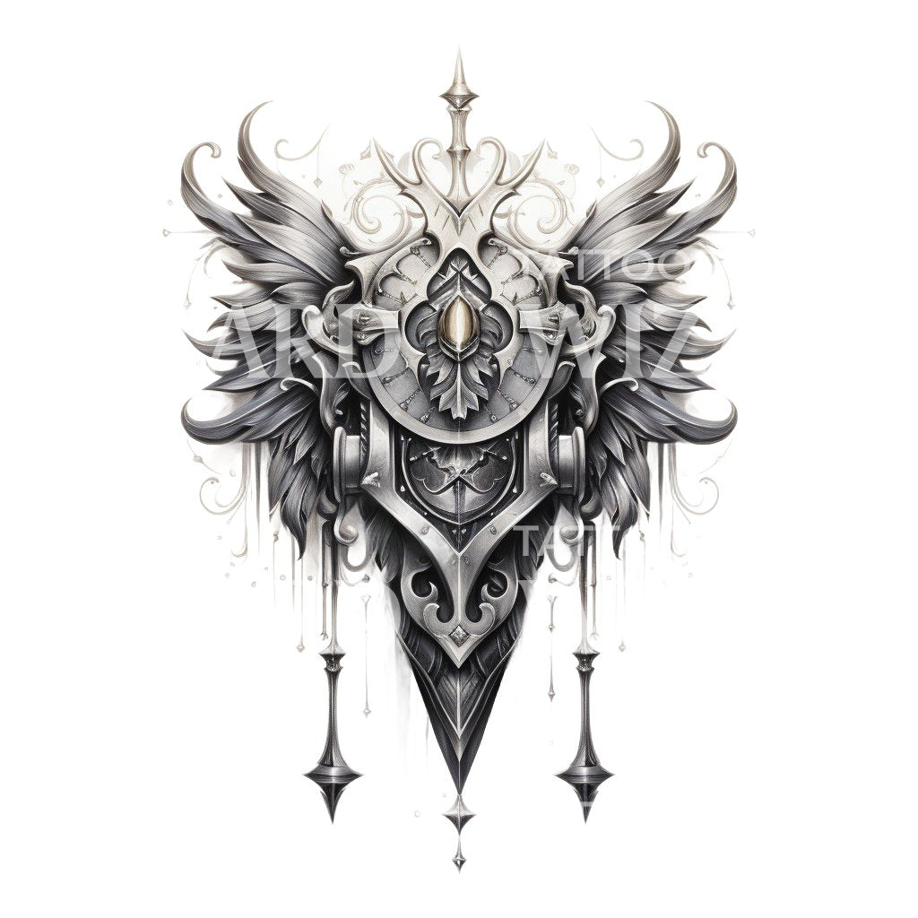 Silver Medallion with Feathers Tattoo Design