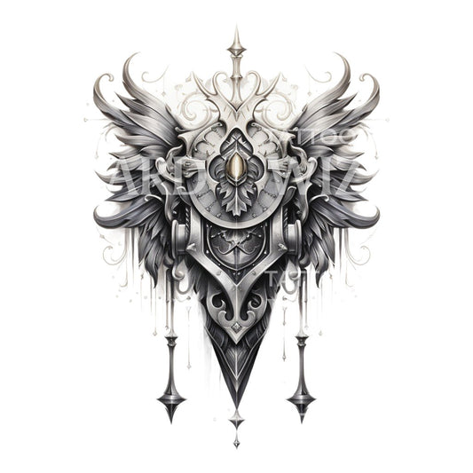 Silver Medallion with Feathers Tattoo Design