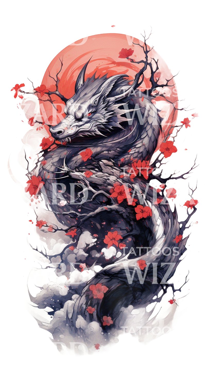Halfsleeve Red Sun Japanese Dragon Tattoo Design