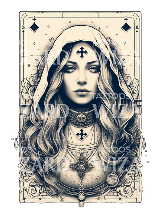 Black and Grey Tarot Card Queen Tattoo Design