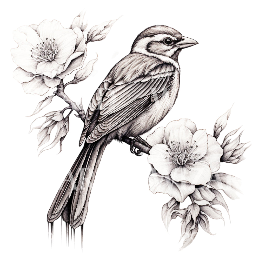 Black and Grey Cute Sparrow Tattoo Design